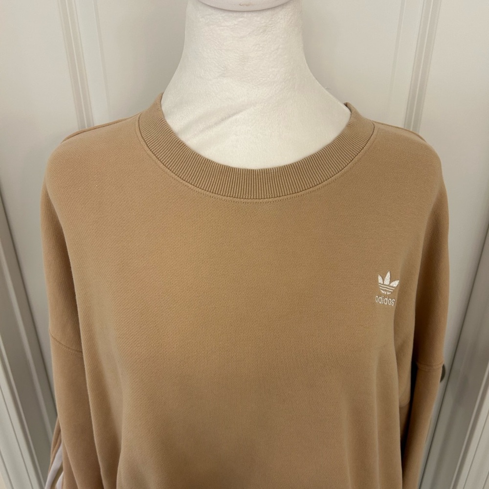 Adidas Originals Tan Cropped Crewneck Sweatshirt XL 3-Stripe - Picture 2 of 6